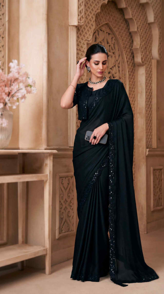 Black Satin Georgette Saree with Sequins Jacket Style Blouse Piece [ Export Quality ]