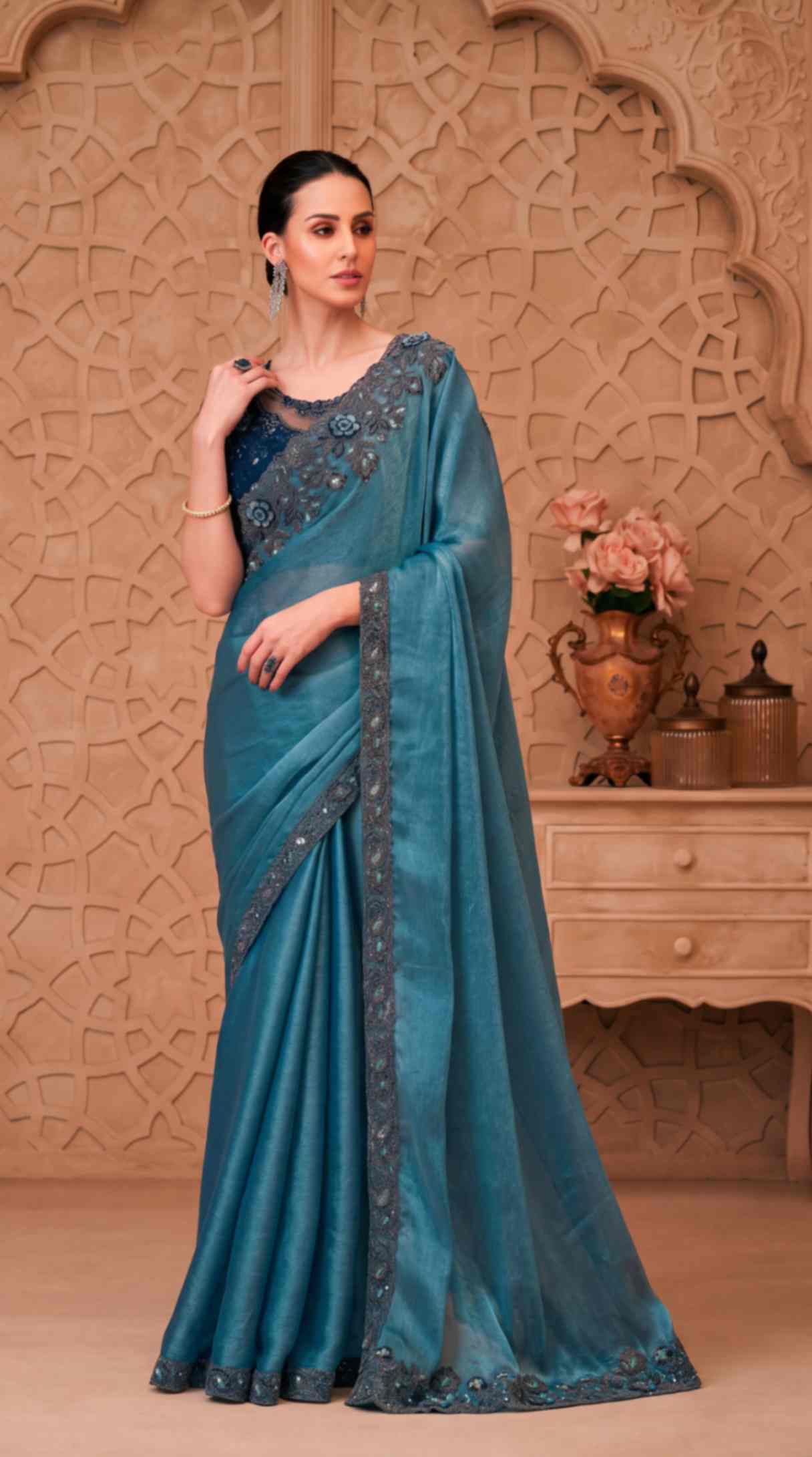 Dusty Blue Satin Crush Georgette Saree with Embroidered Designer Blouse Piece [ Export Quality ]