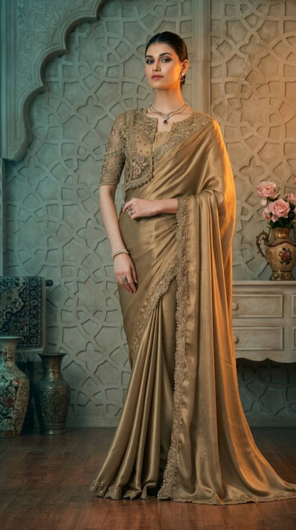 Golden Shimmer Satin Saree with Embroidered Designer Blouse Piece [ Export Quality ]