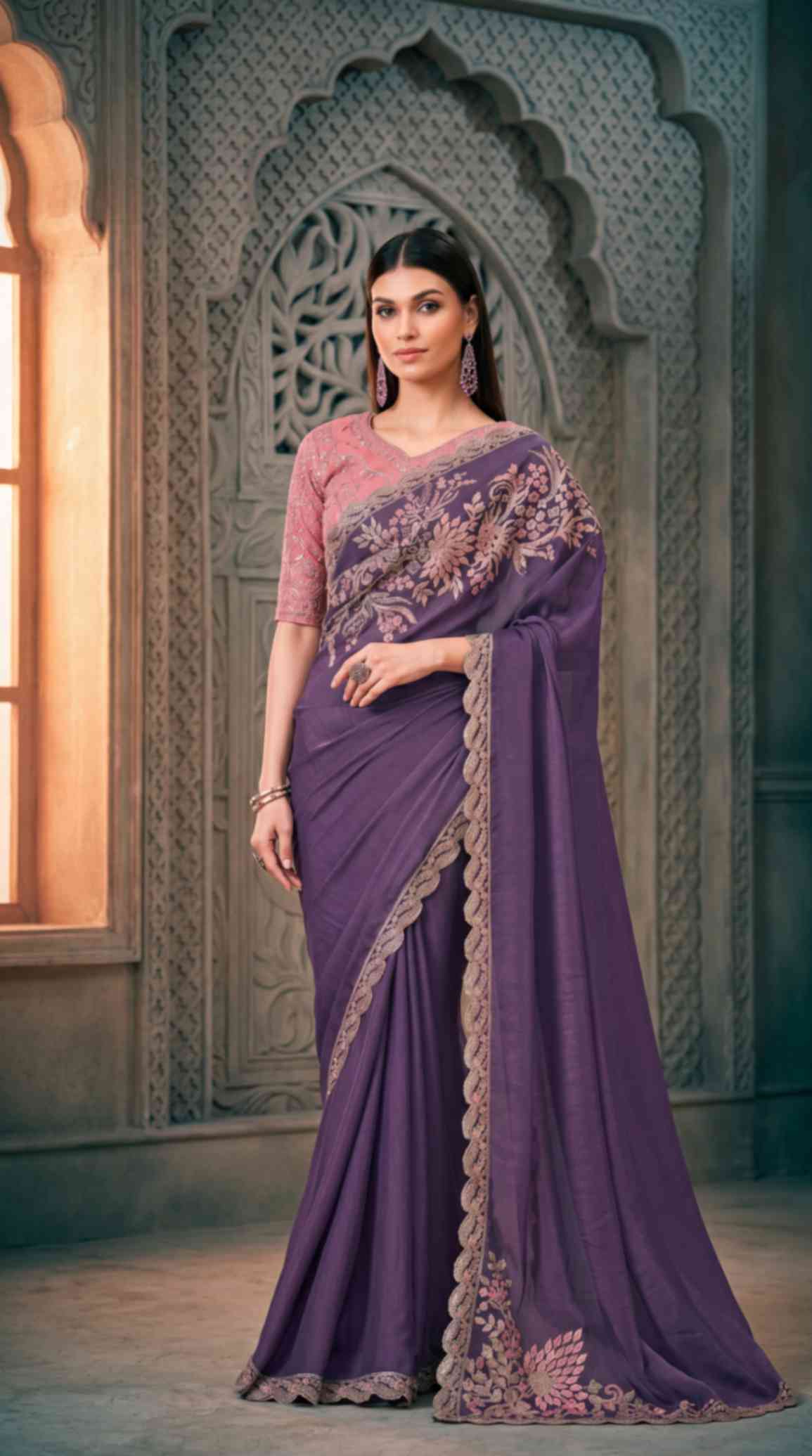 Royal Purple Soft Sparkle Georgette Saree with Embroidered Designer Blouse Piece [ Export Quality ]