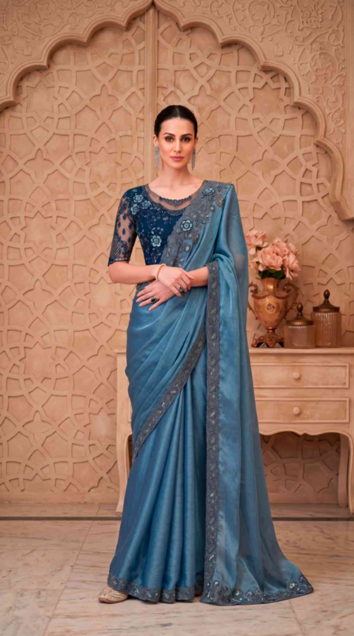 Dusty Blue Satin Crush Georgette Saree with Embroidered Designer Blouse Piece [ Export Quality ]