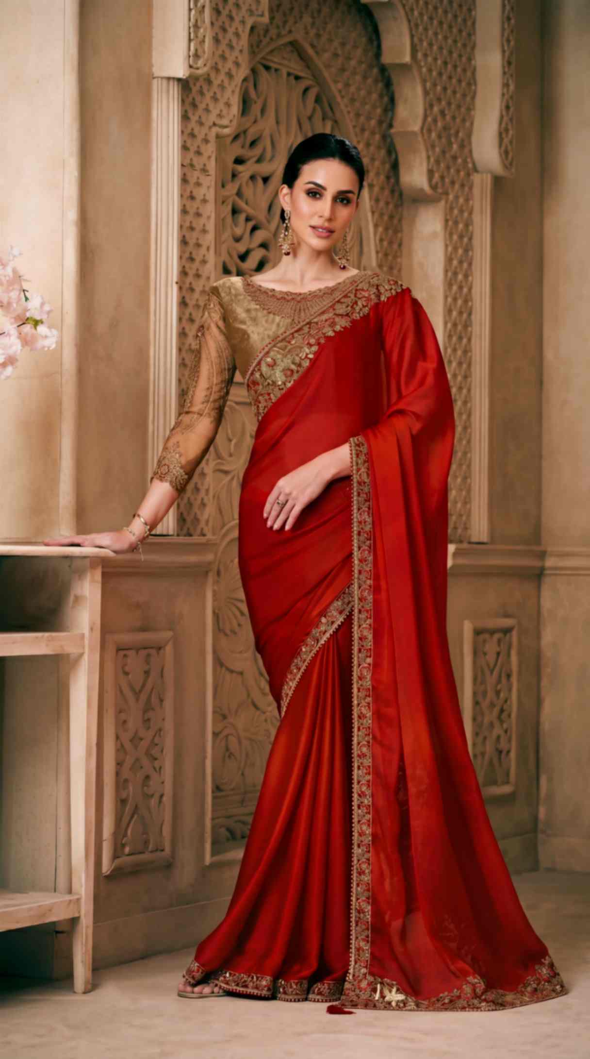Ruby Red Satin Saree with Brocade Designer Blouse Piece [ Export Quality ]
