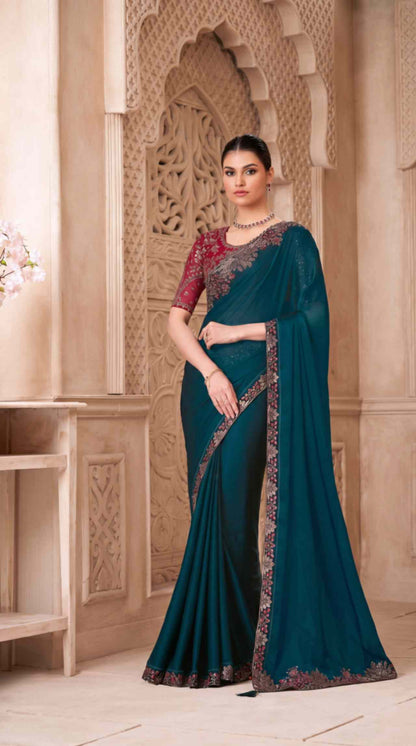 Emerald Teal Satin Georgette Saree with Embroidered Designer Blouse Piece [ Export Quality ]