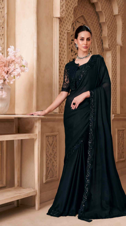 Black Satin Georgette Saree with Sequins Jacket Style Blouse Piece [ Export Quality ]