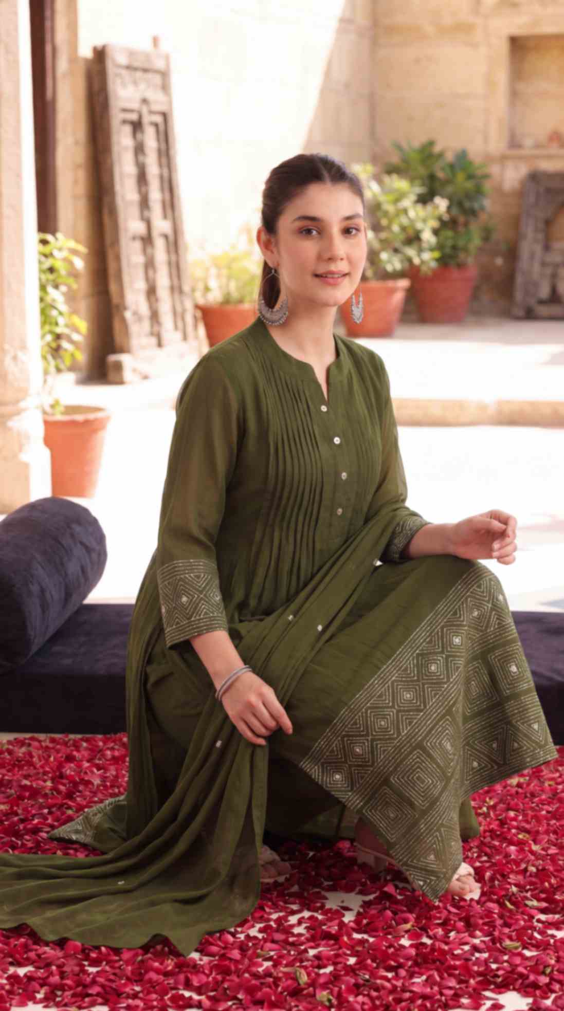 Olive Green Mul Chanderi Embroidered 3 Pcs Punjabi Suit with Linings