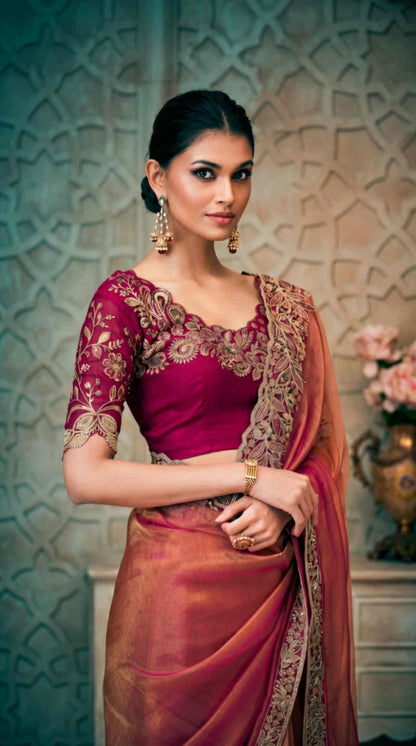 Rose Gold Shimmer Georgette Saree with Embroidered Designer Blouse Piece [ Export Quality ]