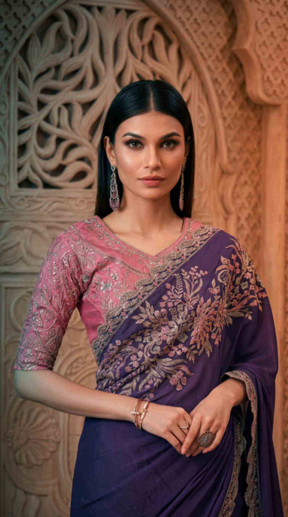 Royal Purple Soft Sparkle Georgette Saree with Embroidered Designer Blouse Piece [ Export Quality ]