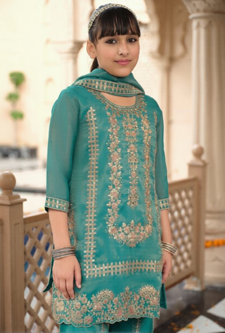 Kids Wear- Girls Shimer Silk Embroidered Sharara Suit Set with Dupatta [ Export Quality ]