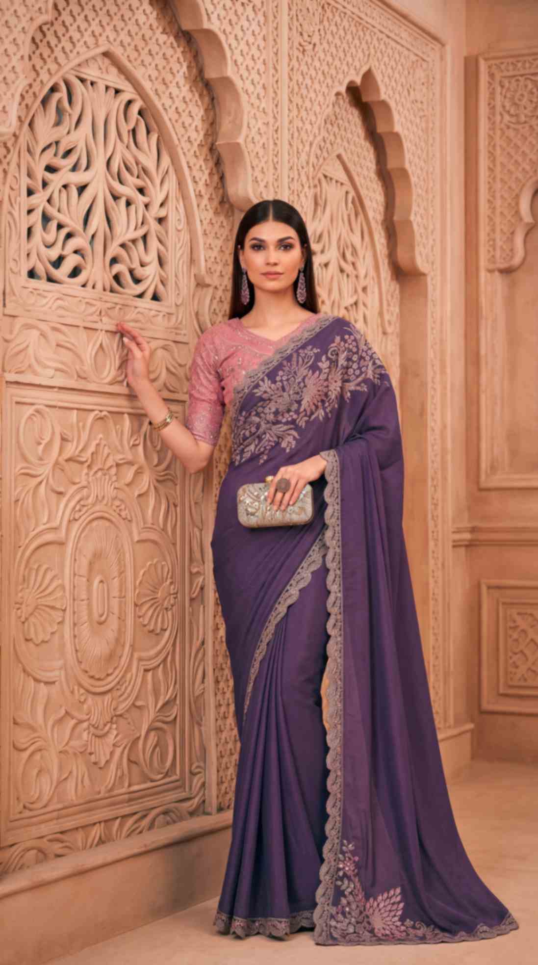 Royal Purple Soft Sparkle Georgette Saree with Embroidered Designer Blouse Piece [ Export Quality ]