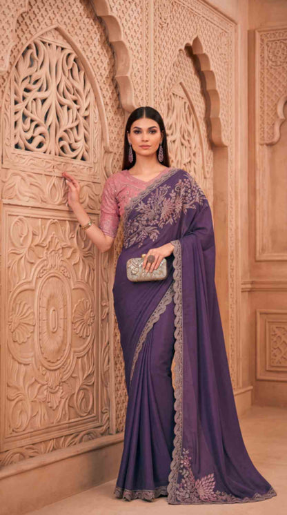 Royal Purple Soft Sparkle Georgette Saree with Embroidered Designer Blouse Piece [ Export Quality ]