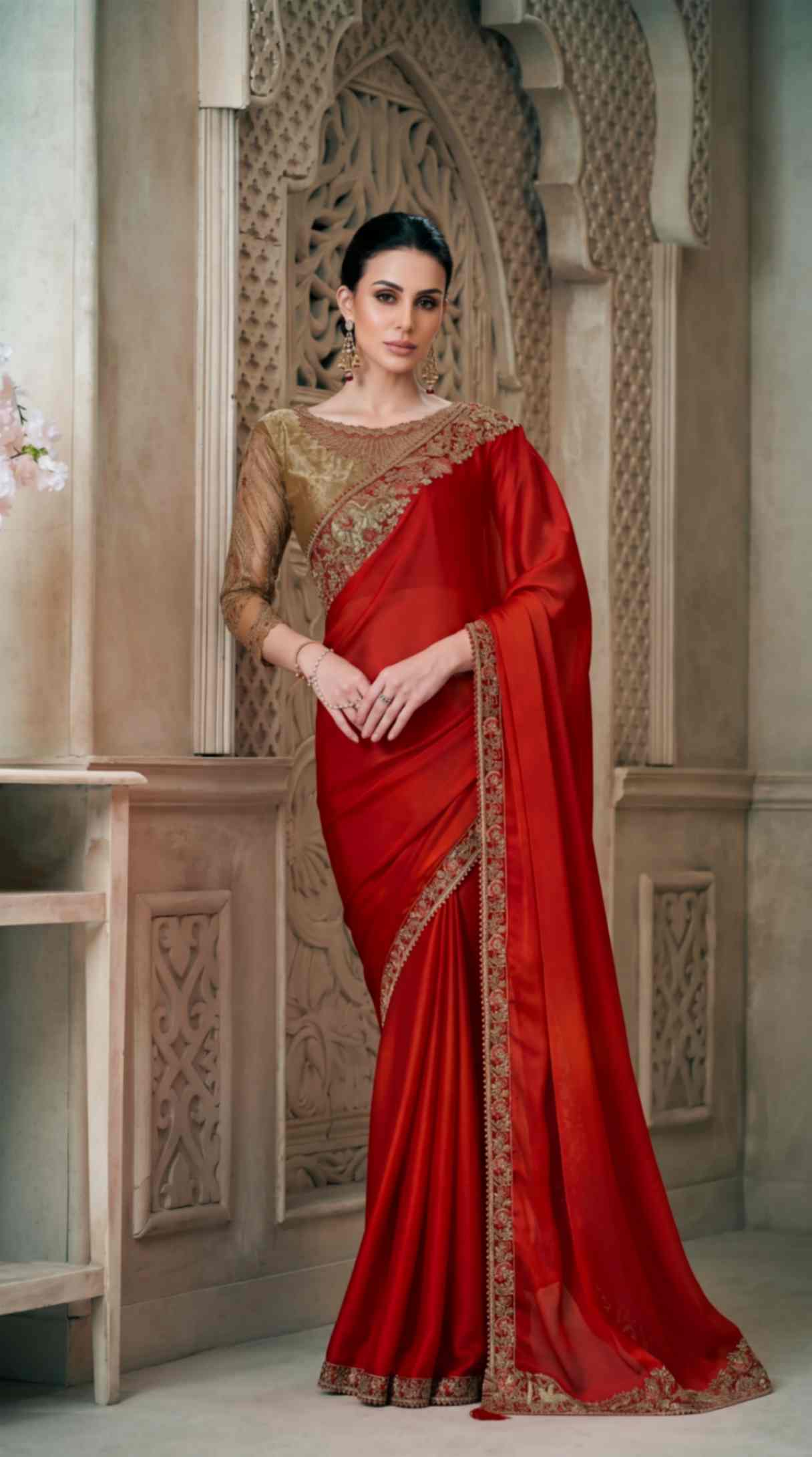 Ruby Red Satin Saree with Brocade Designer Blouse Piece [ Export Quality ]