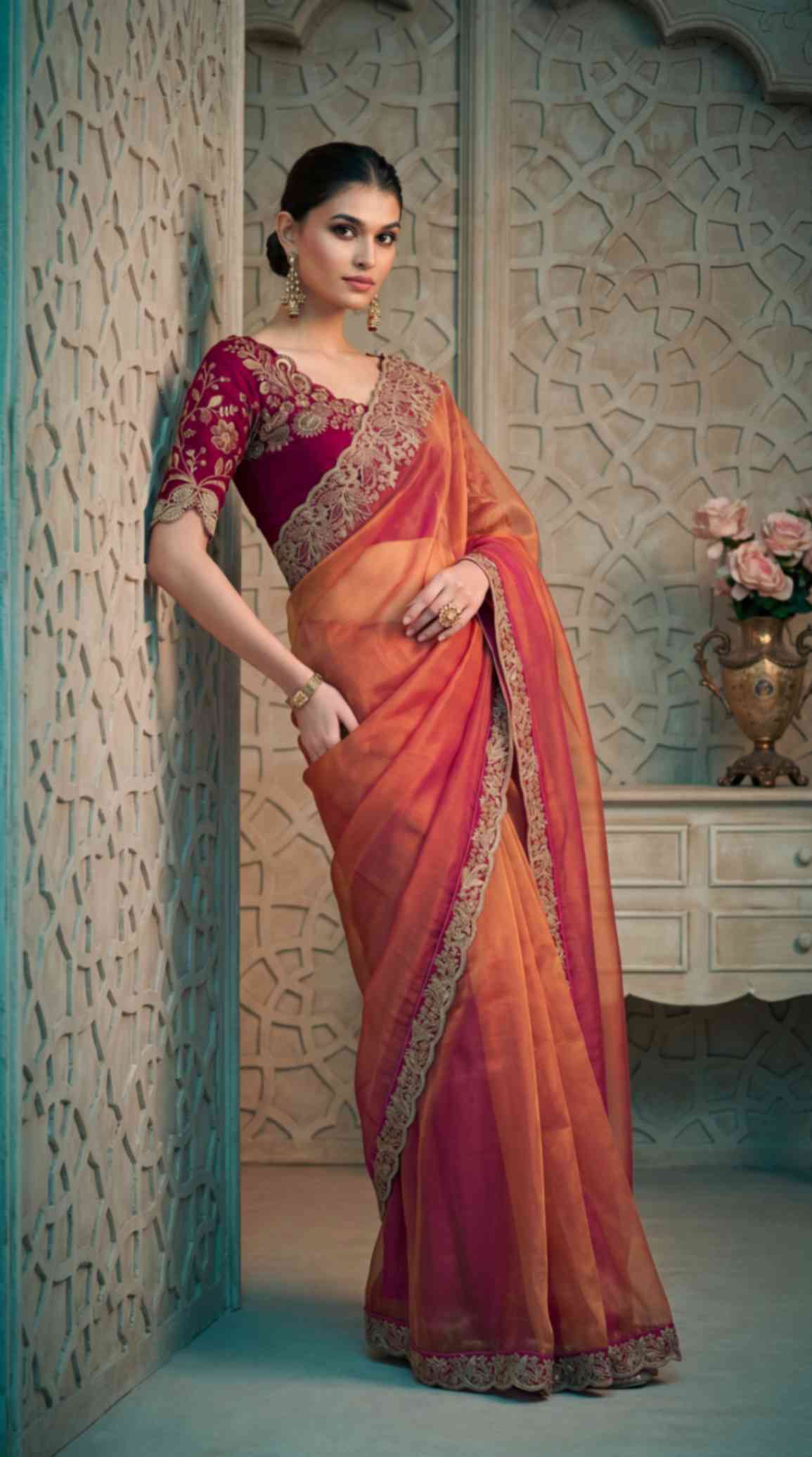 Rose Gold Shimmer Georgette Saree with Embroidered Designer Blouse Piece [ Export Quality ]