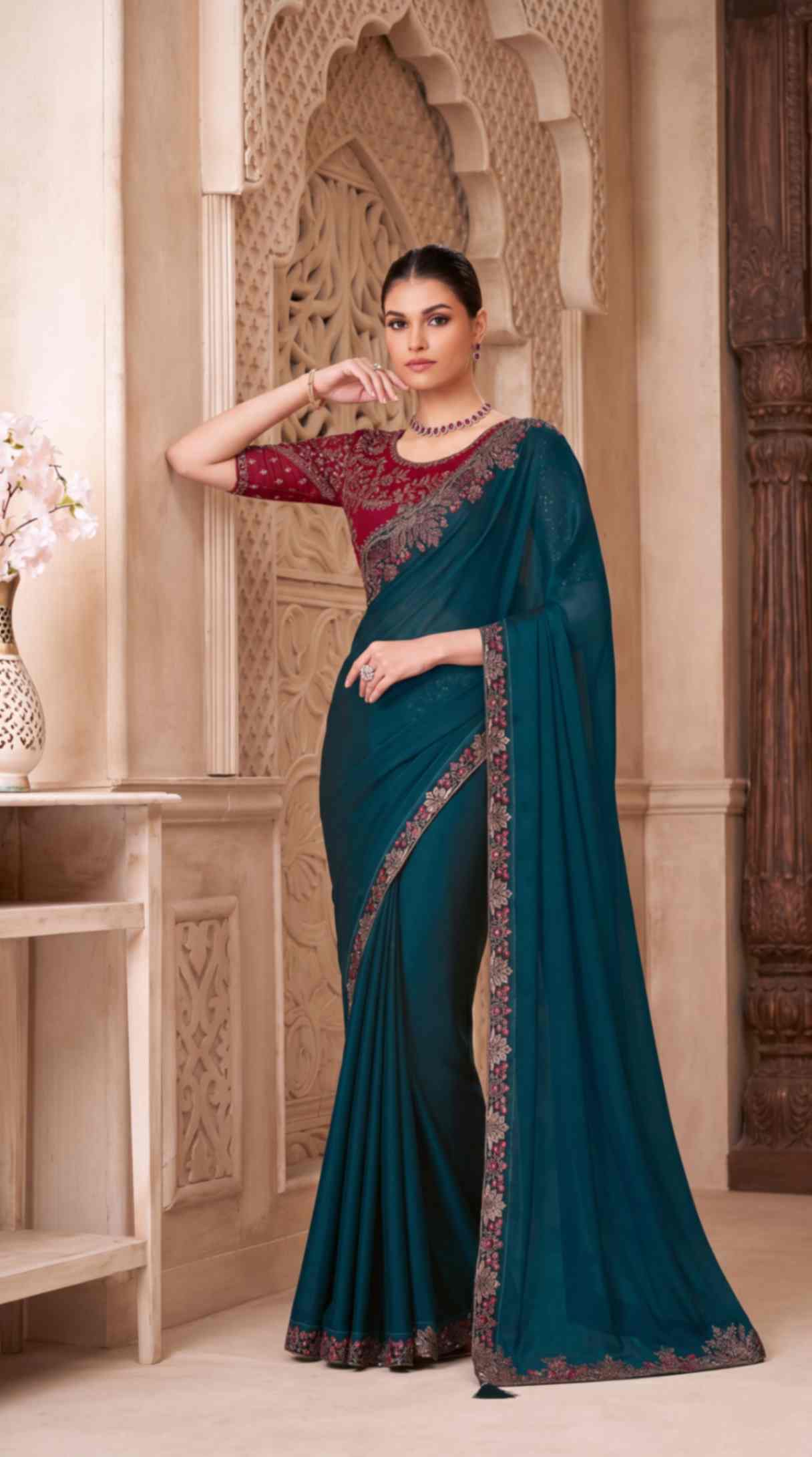 Emerald Teal Satin Georgette Saree with Embroidered Designer Blouse Piece [ Export Quality ]