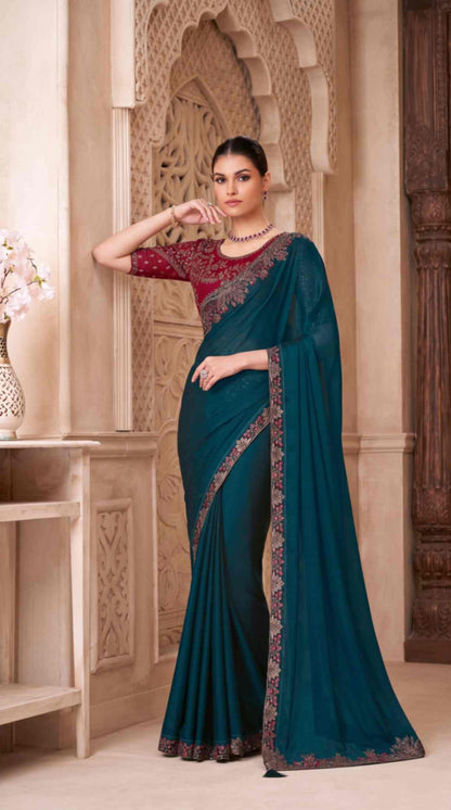 Emerald Teal Satin Georgette Saree with Embroidered Designer Blouse Piece [ Export Quality ]