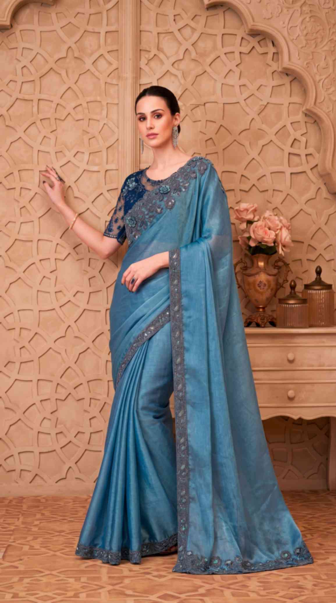 Dusty Blue Satin Crush Georgette Saree with Embroidered Designer Blouse Piece [ Export Quality ]