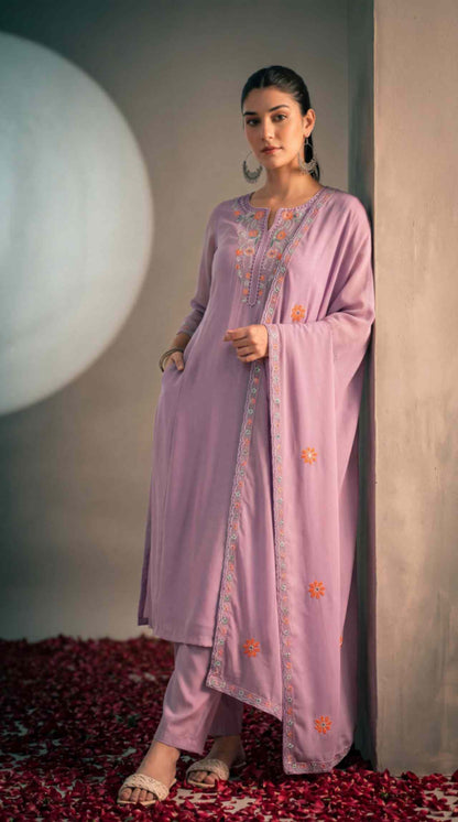 Lavender Mul Chanderi Embroidered 3 Pcs Punjabi Suit with Linings