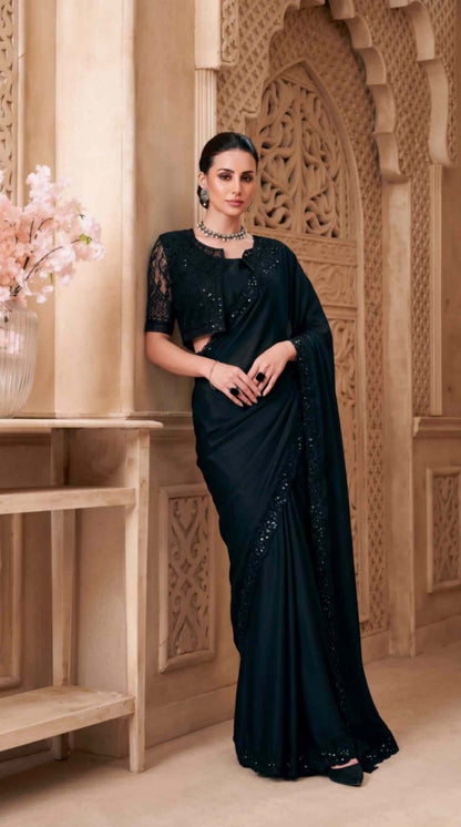 Black Satin Georgette Saree with Sequins Jacket Style Blouse Piece [ Export Quality ]