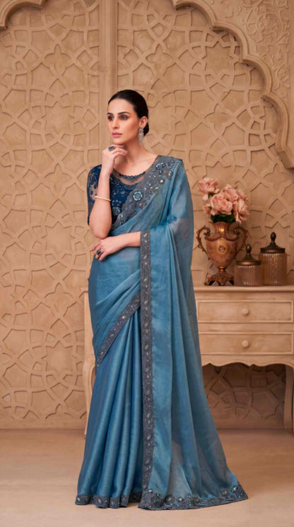 Dusty Blue Satin Crush Georgette Saree with Embroidered Designer Blouse Piece [ Export Quality ]