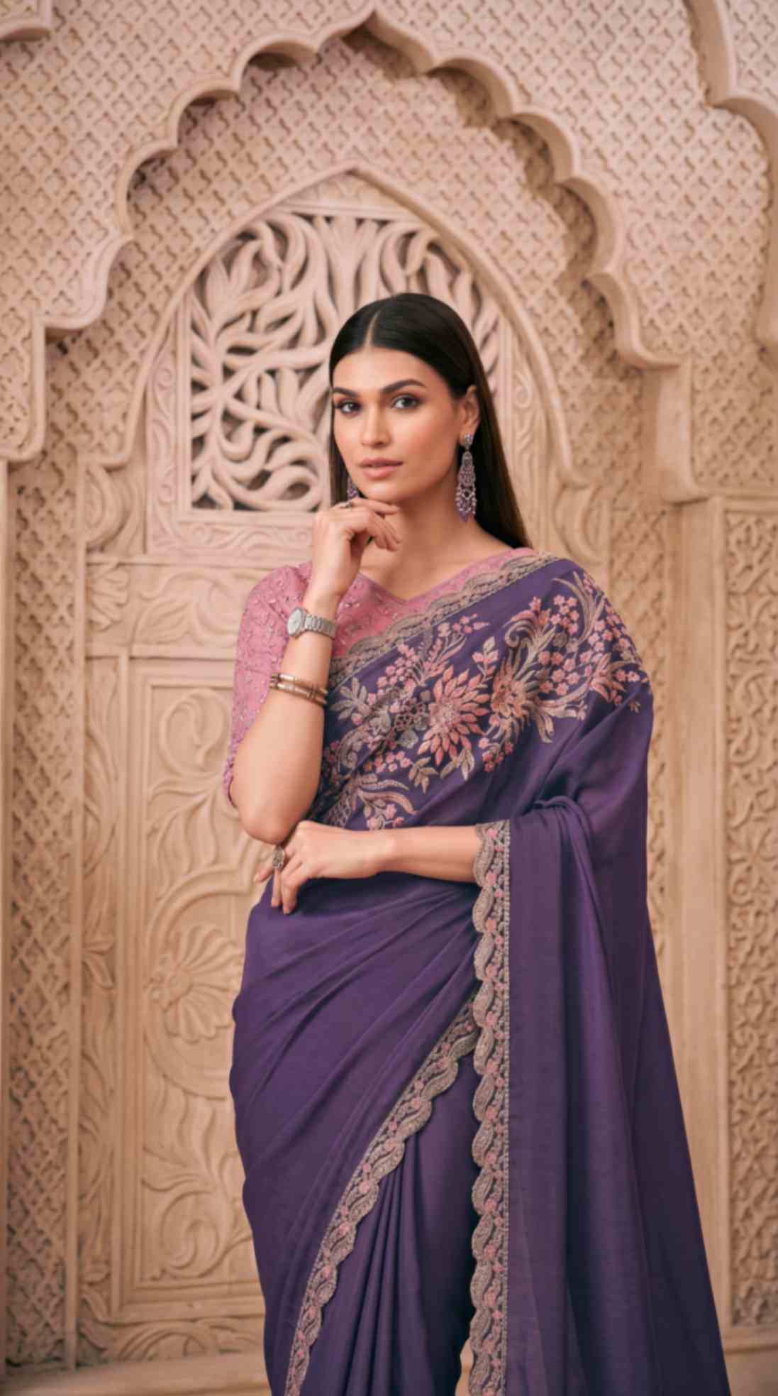 Royal Purple Soft Sparkle Georgette Saree with Embroidered Designer Blouse Piece [ Export Quality ]