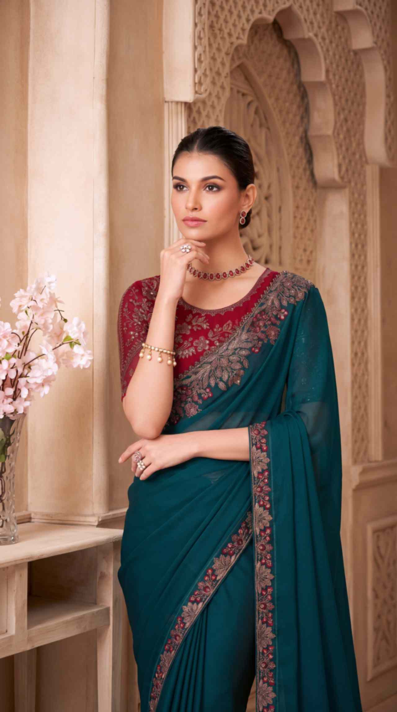 Emerald Teal Satin Georgette Saree with Embroidered Designer Blouse Piece [ Export Quality ]