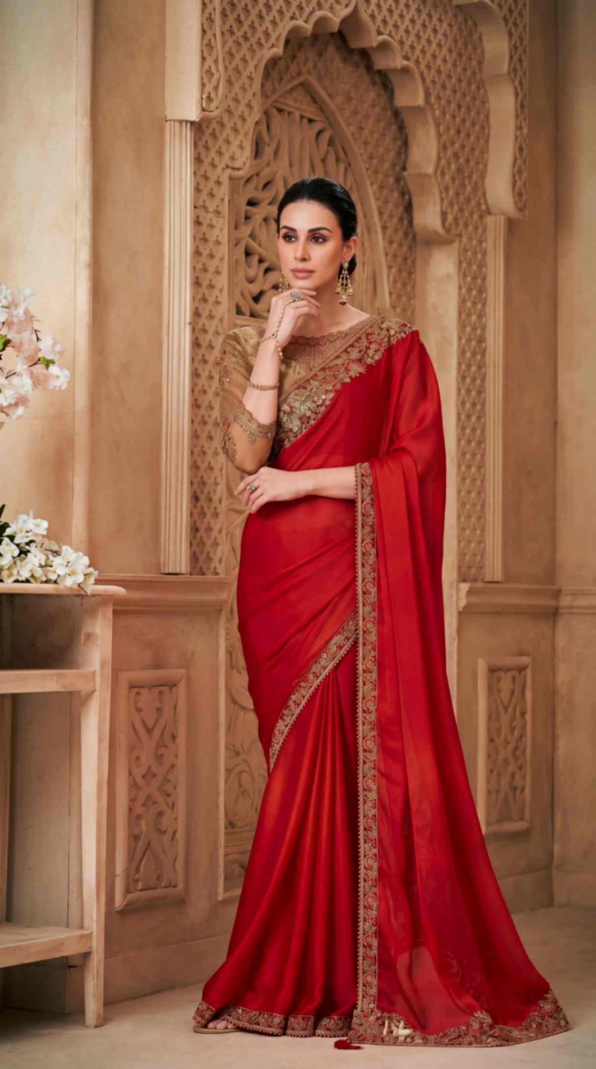 Ruby Red Satin Saree with Brocade Designer Blouse Piece [ Export Quality ]