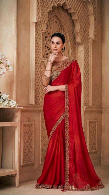 Ruby Red Satin Saree with Brocade Designer Blouse Piece [ Export Quality ]
