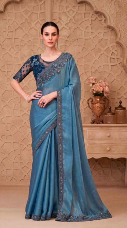 Dusty Blue Satin Crush Georgette Saree with Embroidered Designer Blouse Piece [ Export Quality ]