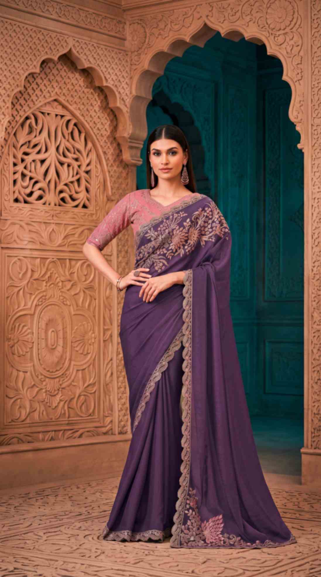 Royal Purple Soft Sparkle Georgette Saree with Embroidered Designer Blouse Piece [ Export Quality ]