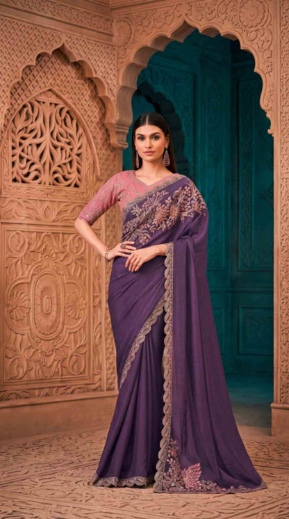 Royal Purple Soft Sparkle Georgette Saree with Embroidered Designer Blouse Piece [ Export Quality ]