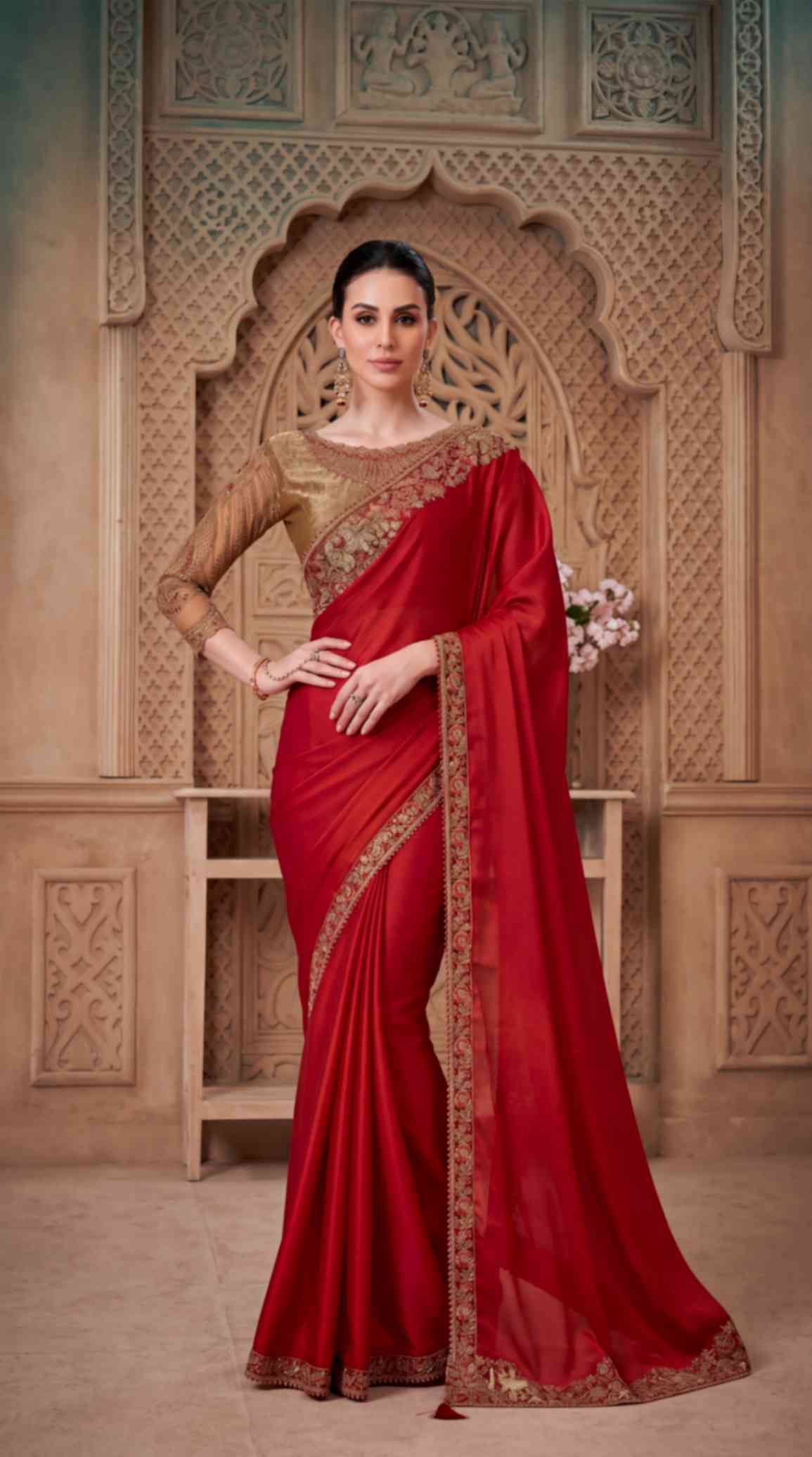 Ruby Red Satin Saree with Brocade Designer Blouse Piece [ Export Quality ]
