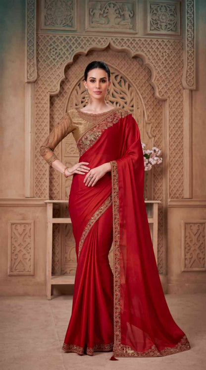Ruby Red Satin Saree with Brocade Designer Blouse Piece [ Export Quality ]