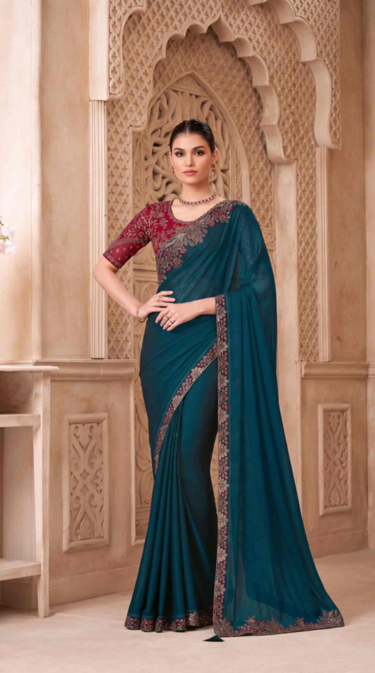 Emerald Teal Satin Georgette Saree with Embroidered Designer Blouse Piece [ Export Quality ]