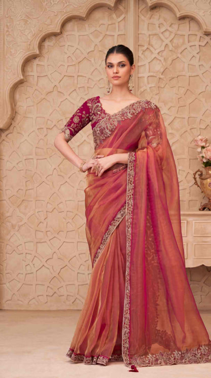 Rose Gold Shimmer Georgette Saree with Embroidered Designer Blouse Piece [ Export Quality ]