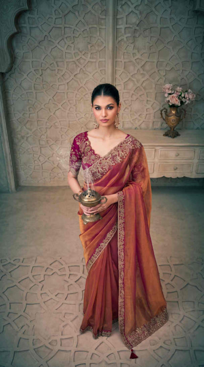Rose Gold Shimmer Georgette Saree with Embroidered Designer Blouse Piece [ Export Quality ]