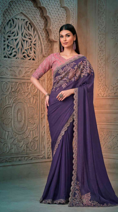 Royal Purple Soft Sparkle Georgette Saree with Embroidered Designer Blouse Piece [ Export Quality ]