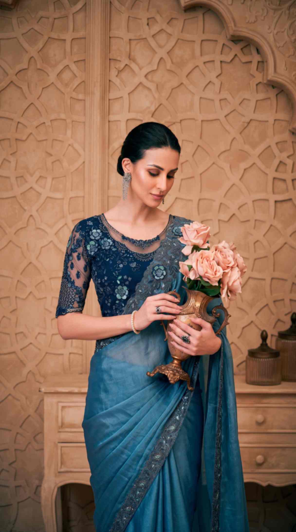 Dusty Blue Satin Crush Georgette Saree with Embroidered Designer Blouse Piece [ Export Quality ]