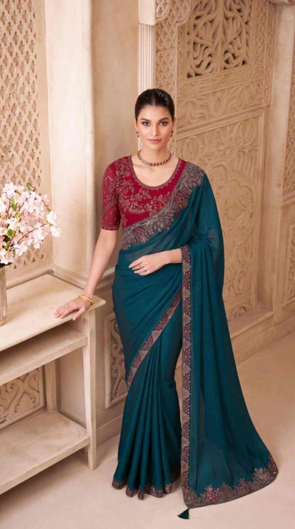 Emerald Teal Satin Georgette Saree with Embroidered Designer Blouse Piece [ Export Quality ]