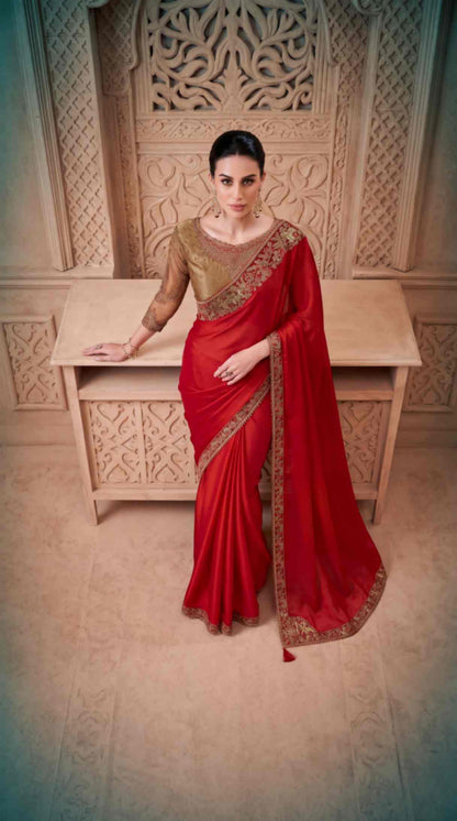 Ruby Red Satin Saree with Brocade Designer Blouse Piece [ Export Quality ]