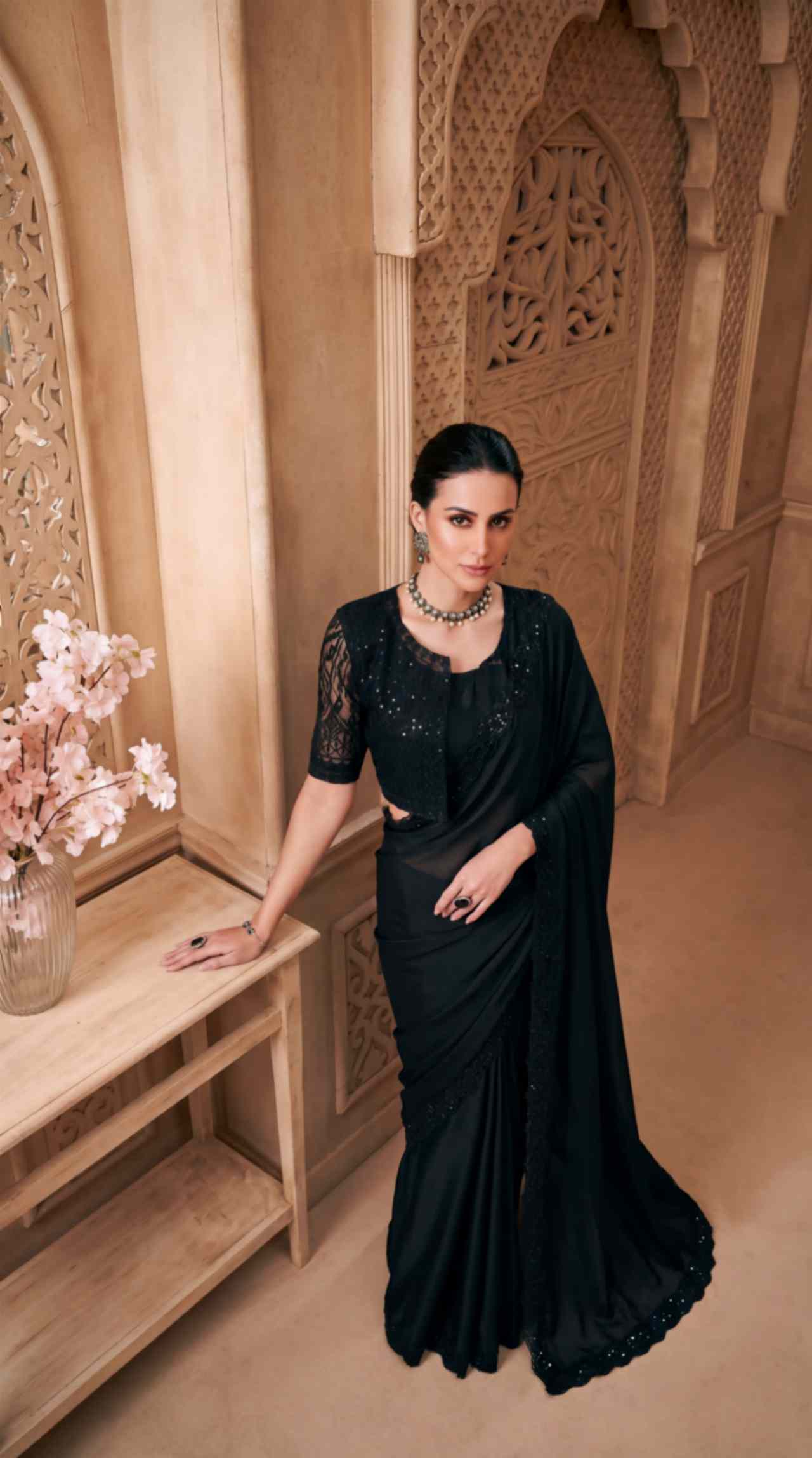 Black Satin Georgette Saree with Sequins Jacket Style Blouse Piece [ Export Quality ]