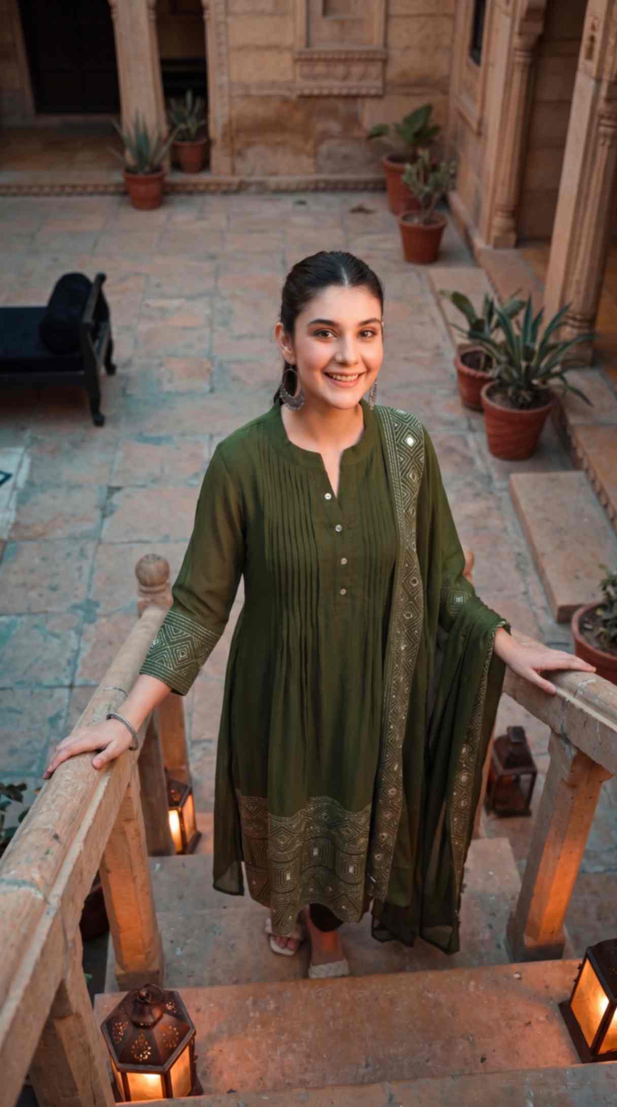 Olive Green Mul Chanderi Embroidered 3 Pcs Punjabi Suit with Linings