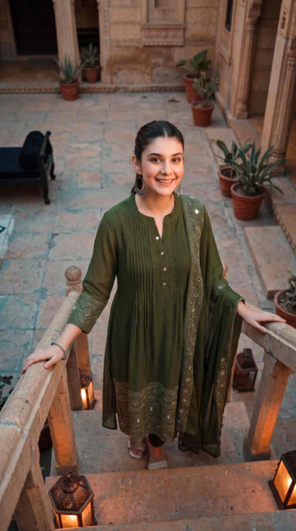 Olive Green Mul Chanderi Embroidered 3 Pcs Punjabi Suit with Linings
