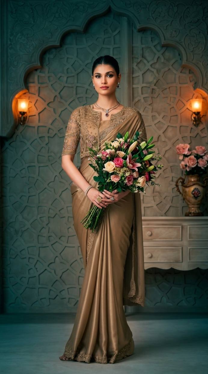 Golden Shimmer Satin Saree with Embroidered Designer Blouse Piece [ Export Quality ]