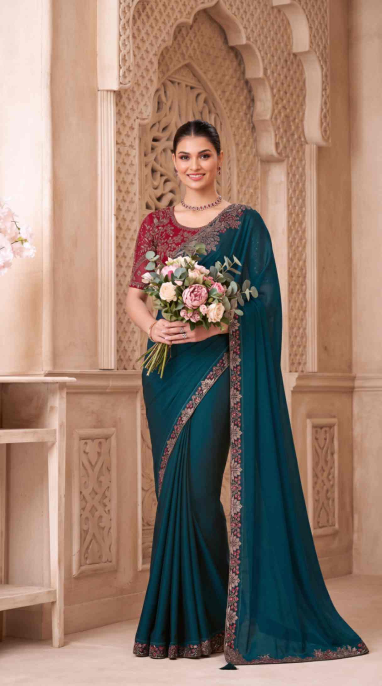 Emerald Teal Satin Georgette Saree with Embroidered Designer Blouse Piece [ Export Quality ]