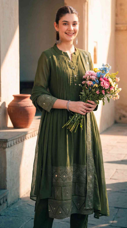 Olive Green Mul Chanderi Embroidered 3 Pcs Punjabi Suit with Linings