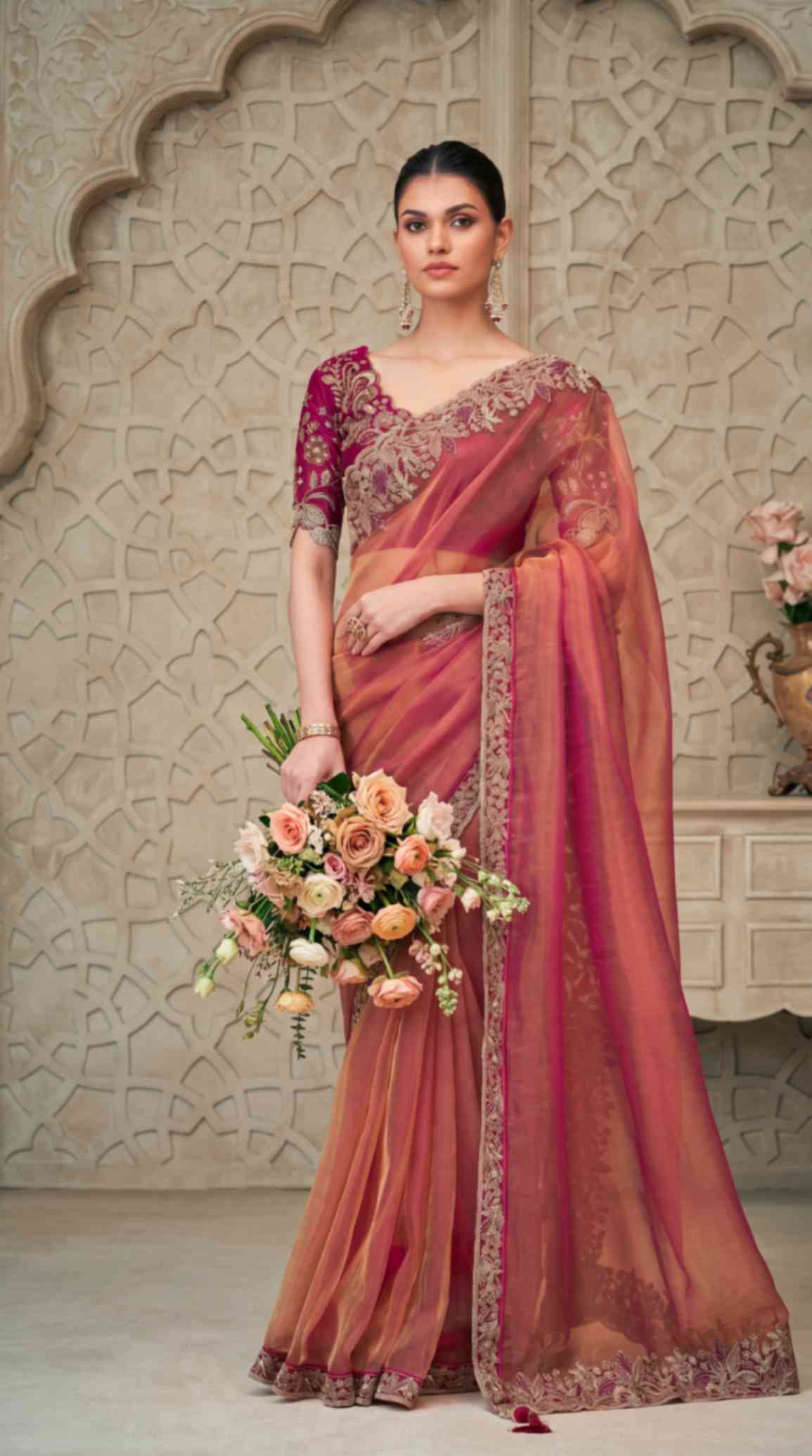 Rose Gold Shimmer Georgette Saree with Embroidered Designer Blouse Piece [ Export Quality ]