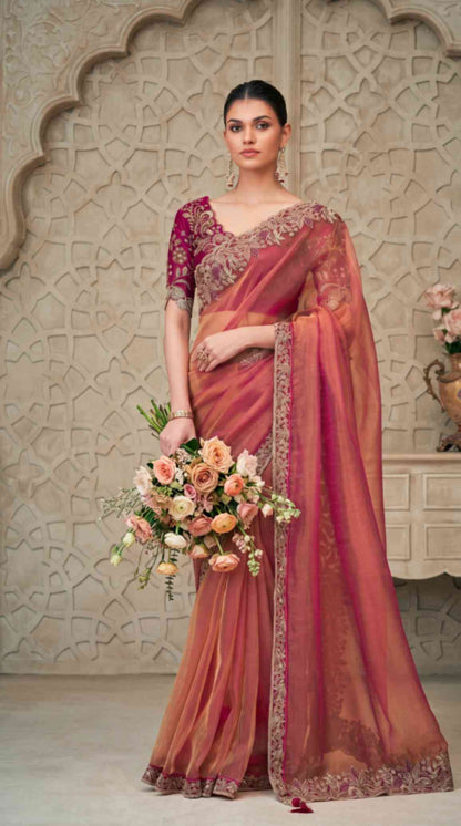 Rose Gold Shimmer Georgette Saree with Embroidered Designer Blouse Piece [ Export Quality ]