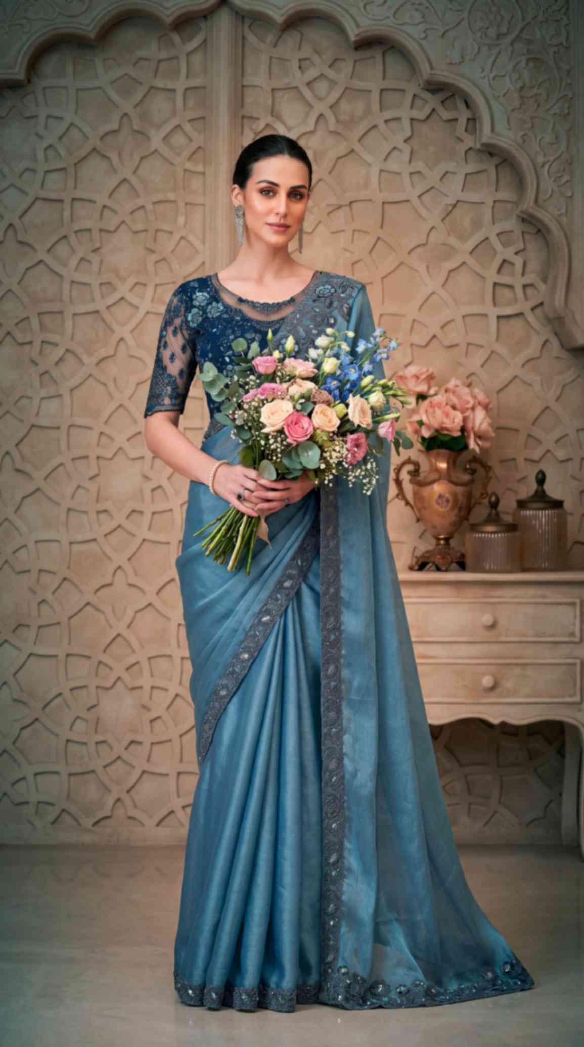 Dusty Blue Satin Crush Georgette Saree with Embroidered Designer Blouse Piece [ Export Quality ]