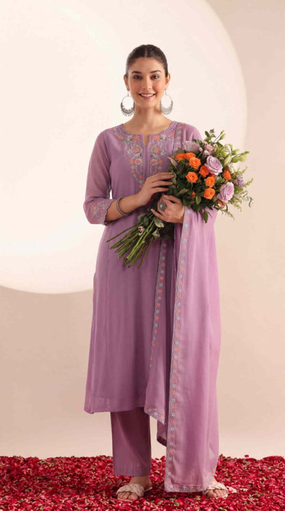 Lavender Mul Chanderi Embroidered 3 Pcs Punjabi Suit with Linings