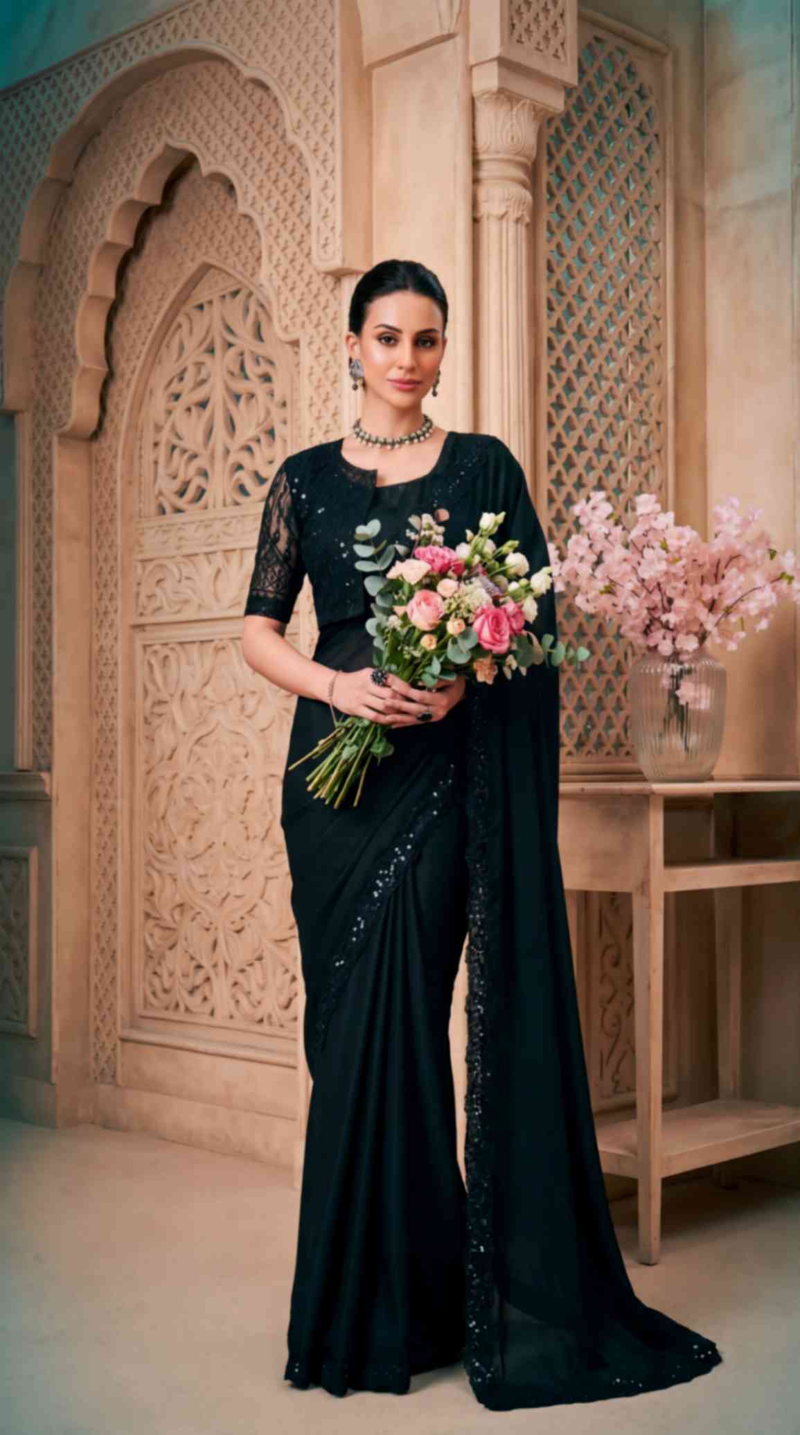 Black Satin Georgette Saree with Sequins Jacket Style Blouse Piece [ Export Quality ]