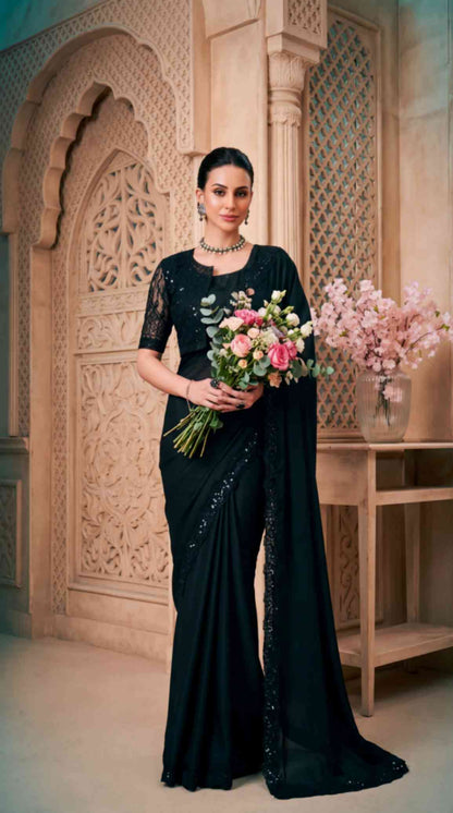 Black Satin Georgette Saree with Sequins Jacket Style Blouse Piece [ Export Quality ]